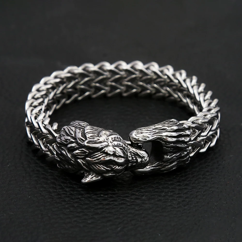 Punk Vintage Viking Wolf Head Bracelet Stainless Steel Men\'s Animal Wristband Charm Trendy Mesh Chain Bangles Fashion Jewelry