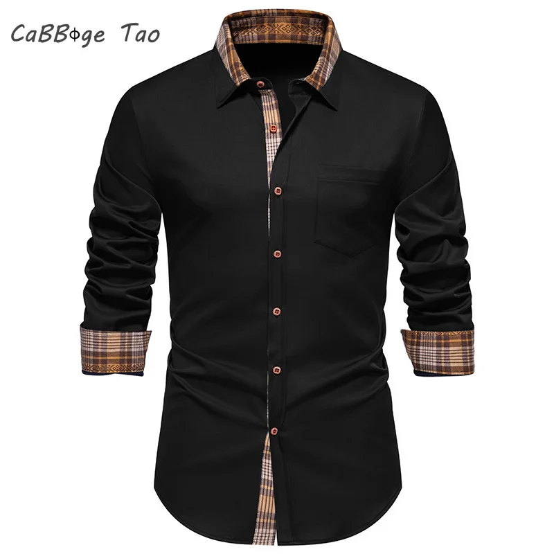 Spring New Men\'s Triangle Neck Checkered Colored Long Sleeved Shirt Casual Slim Fit Comfortable and Refreshing Top