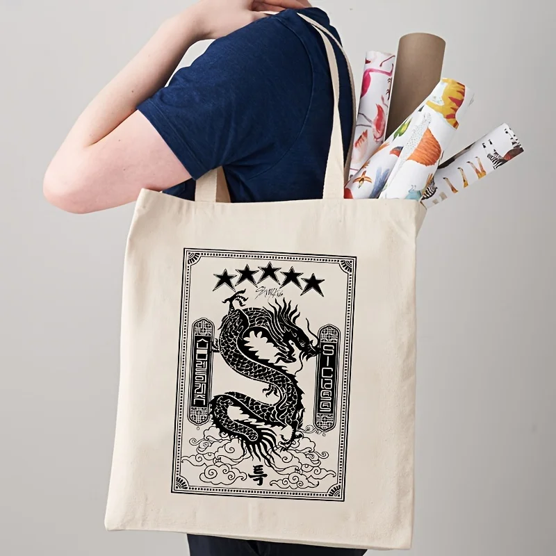 1pc Dragon Pattern Tote Bag, Vintage Casual Shoulder Bag, Canvas Luggage Bag