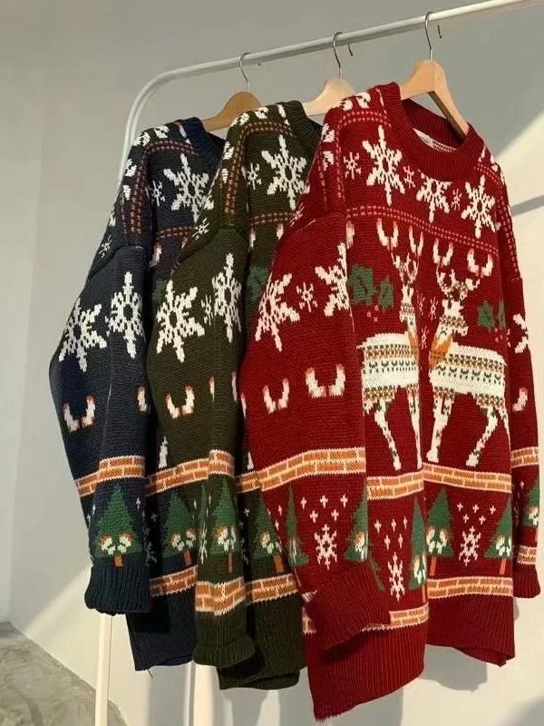 Suéter de Punto Hoado Estilo Navideño Fair Isle, ex, para Estudiantes y Parejas, Manga Larga, Cuello Redondo, Abrigo Cá...
