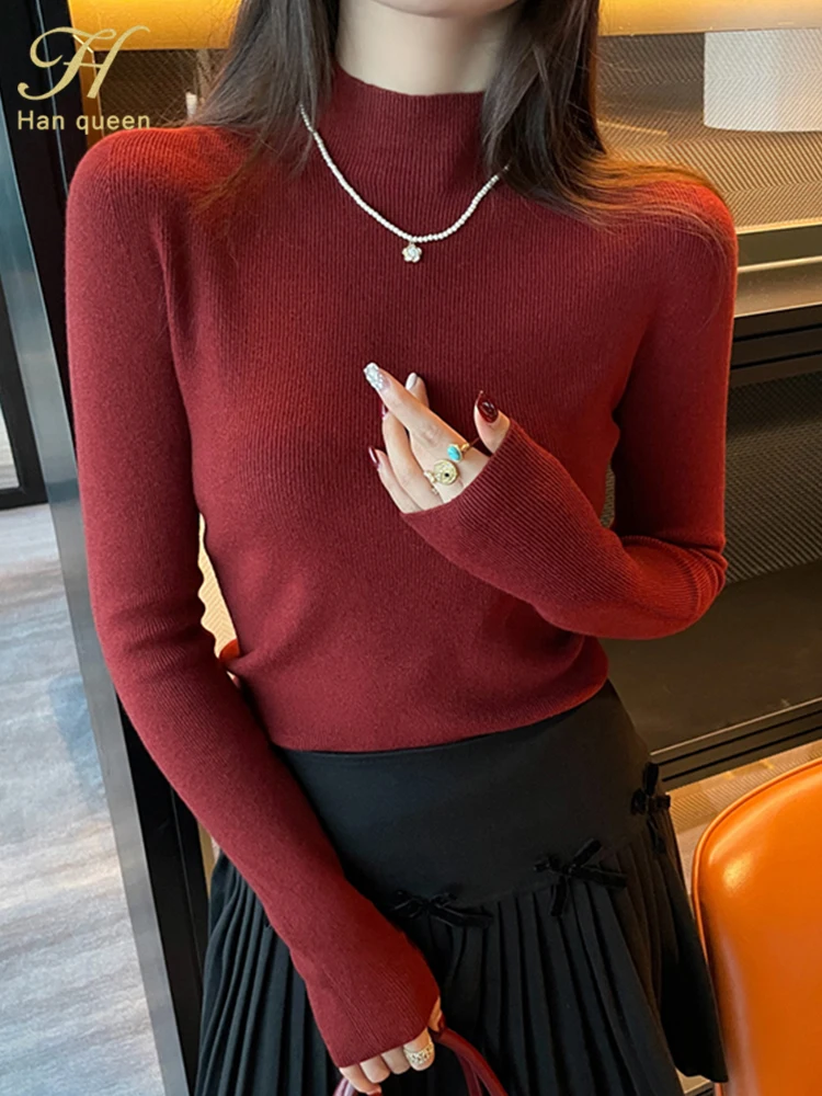 

H Han Queen Autumn Winter Casual Pullover Sweaters Simple Chic Jumpers Mock Neck Women Sweater Vintage Basic Solid Knitted Tops