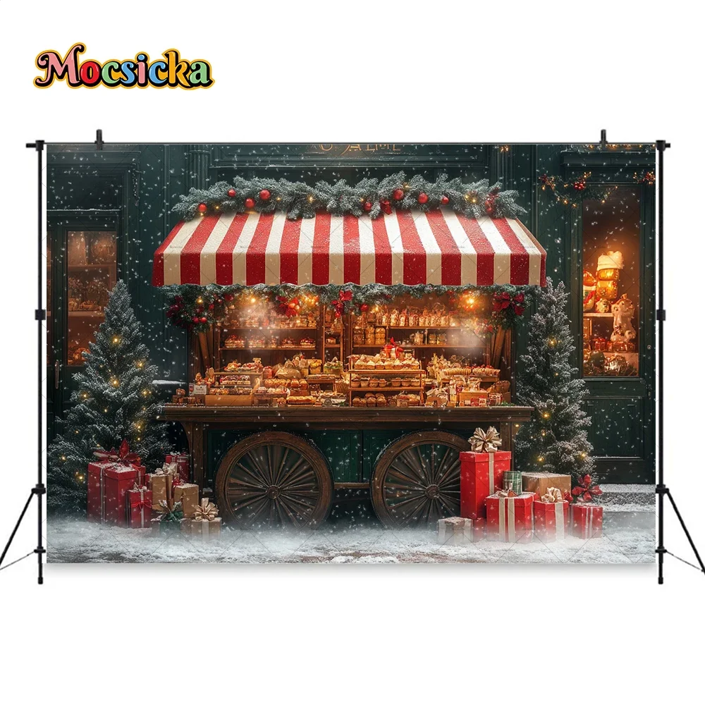 Mocsicka Christmas Gift Shop Background Photography Wooden Trolley Snowy Xmas Tree Backdrop Winter Kids Birthday Photo Studio