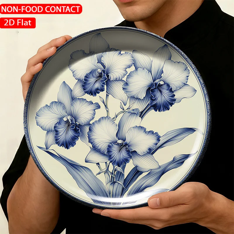 1pc FORJN Modern Round Ceramic Decorative Plate - Blue Floral Wall Plate Suitable for Non-Food Contact, Elegant Table