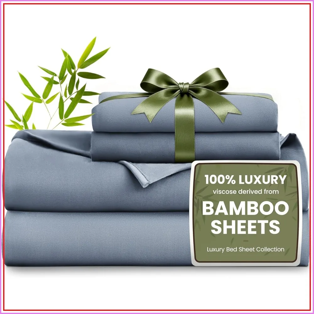 Queen Sheet Set 100% Bamboo Derived Rayon Cooling Breathable Deep Pocket up to 16" Hotel Luxury Bedding for Hot Sleepers Bluish Grey