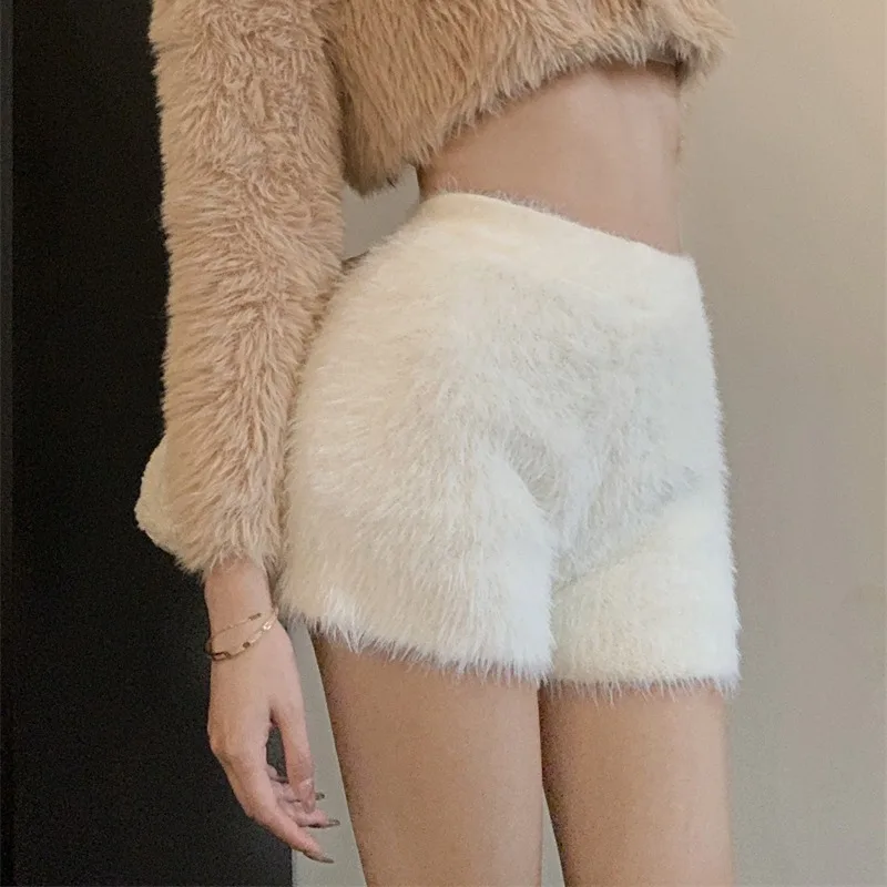 Thicker Shorts Women Slim High Waist Fluffy Solid Korean Fashion Warm Autumn Winter Sexy Gentle All-match Stylish Female Chic