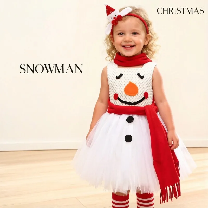 

Christmas Snowman Costume White Fluffy Mesh Tutu Dress Festival Party Stage Performance Outfit Winter Holiday Fancy Dress Up