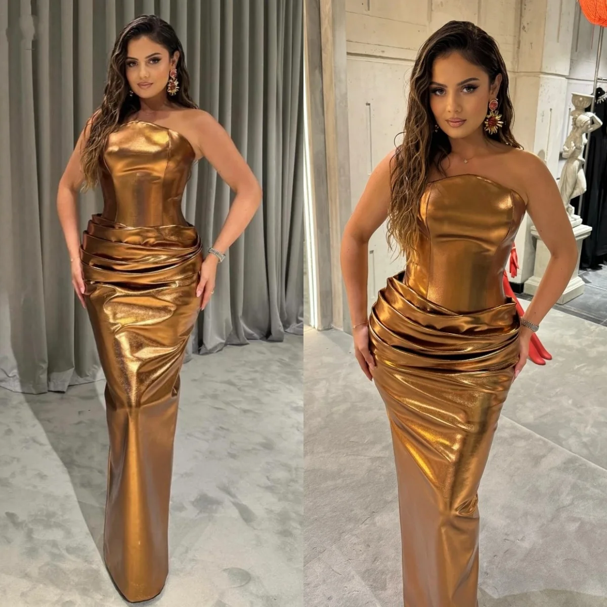 

Stylish Strapless Evening Dresses Shiny Prom Dress Sleeveless Floor Length Mermaid Party Gowns Vestidos De Noche