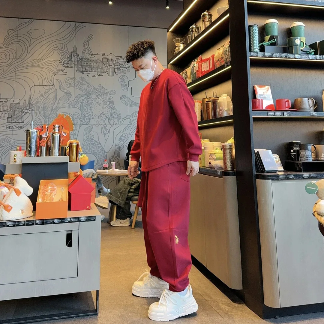 

Winter New Year Men's Comfortable Embroidered Sweatirt Loose Casual Faion Color Set Long Sve Polyester Long Pants