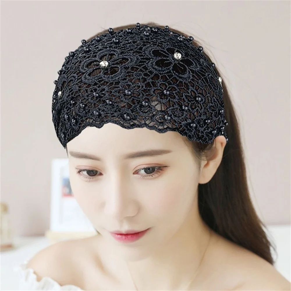 Lace Floral Headbands For Women Girls Headwrap Fashion Pearl Elastic Wide Hair Bands Female Headwear Hair Accessories