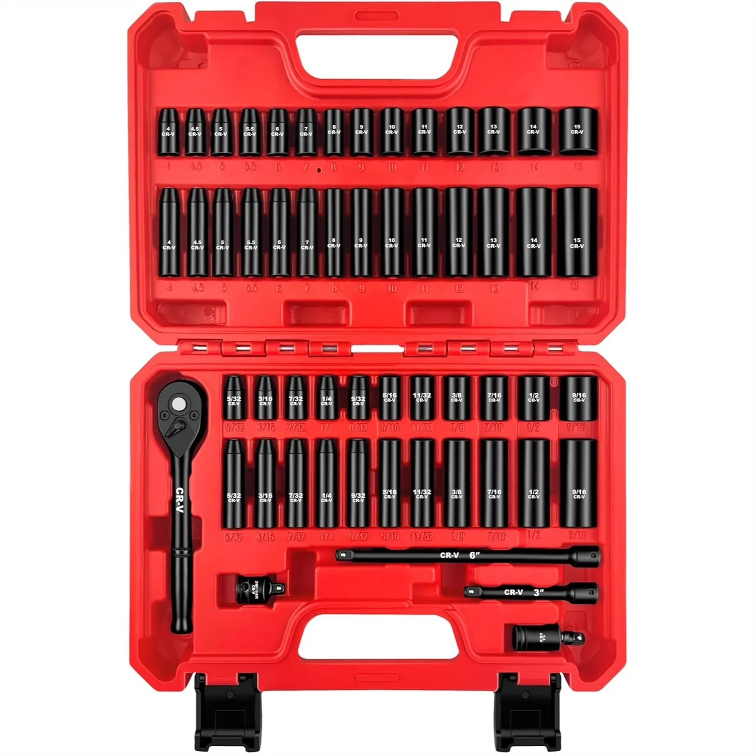 

55-Piece 1/4" Drive Impact Socket Set with Ratchet Handle, Extension Bar, Universal Joint and Adapter, SAE/Metric Deep and