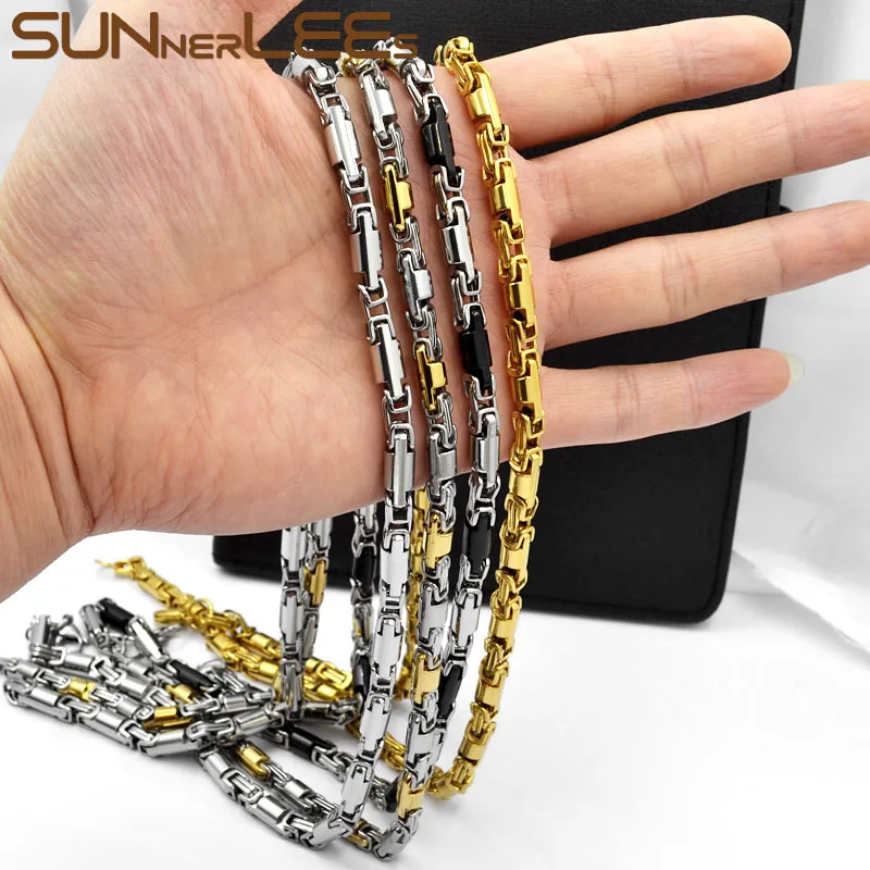 SUNNERLEES Jewelry Stainless Steel Necklace 6mm Geometric Byzantine Link Chain Silver Color Gold Plated Men Women Gift SC136