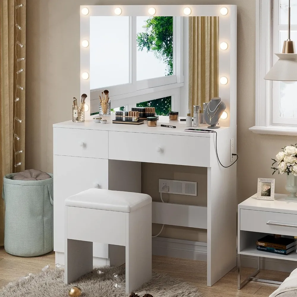 Vanity Desk with Mirror and Lights, White Makeup Vanity with Power Outlet and 3 Color Light Modes, Dressing Table Set with Draw
