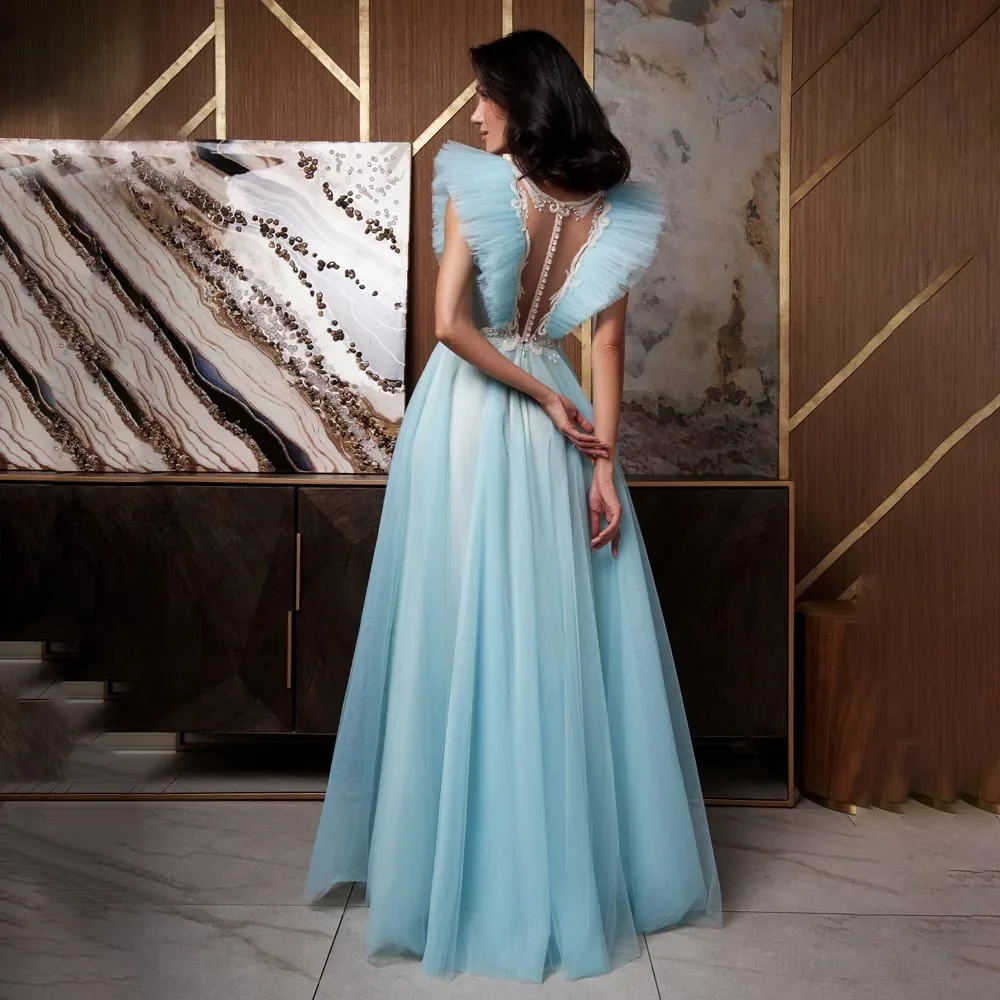 Light Blue Evening Dress O Neck Sexy Illusion Wedding Party Dresses Tulle  Lace Applique A Line Prom Gown فساتين للحفلات الراقصة