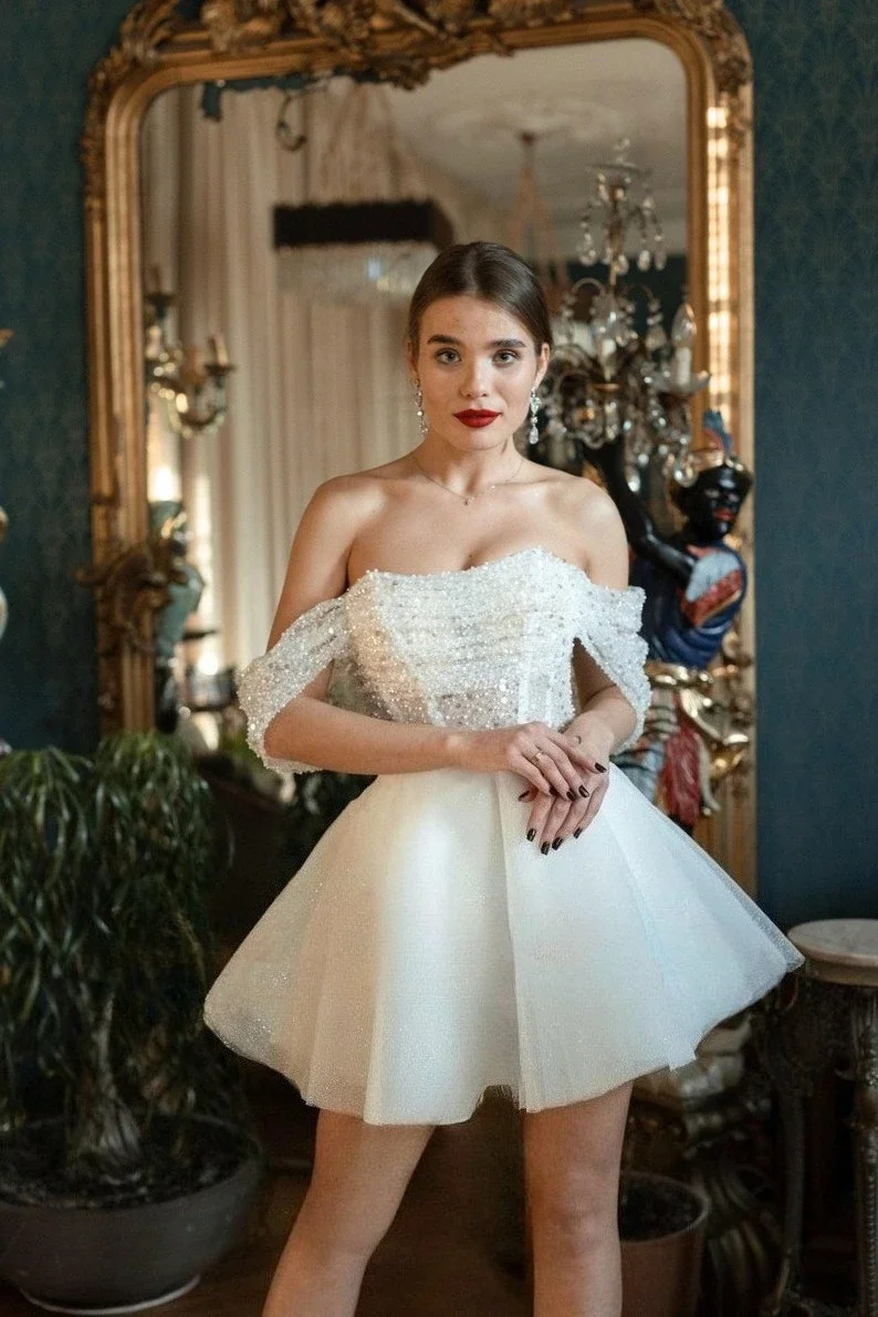 

Corset Sparkly Off The Shoulders Wedding Dresses Gliter Dress Bridal White Simple Wedding Dress Elopement Short Wedding Dress
