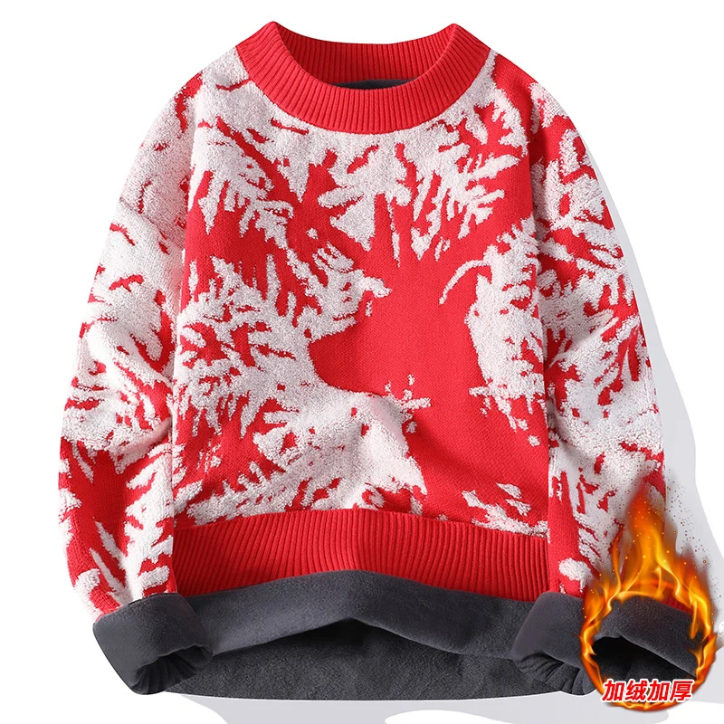 Mens Women Winter Couple Knitted Sweater Mens Casual Loose Christmas Fleece Thicken Warm Knit Pullover Jumper O-neck Sweatshirt