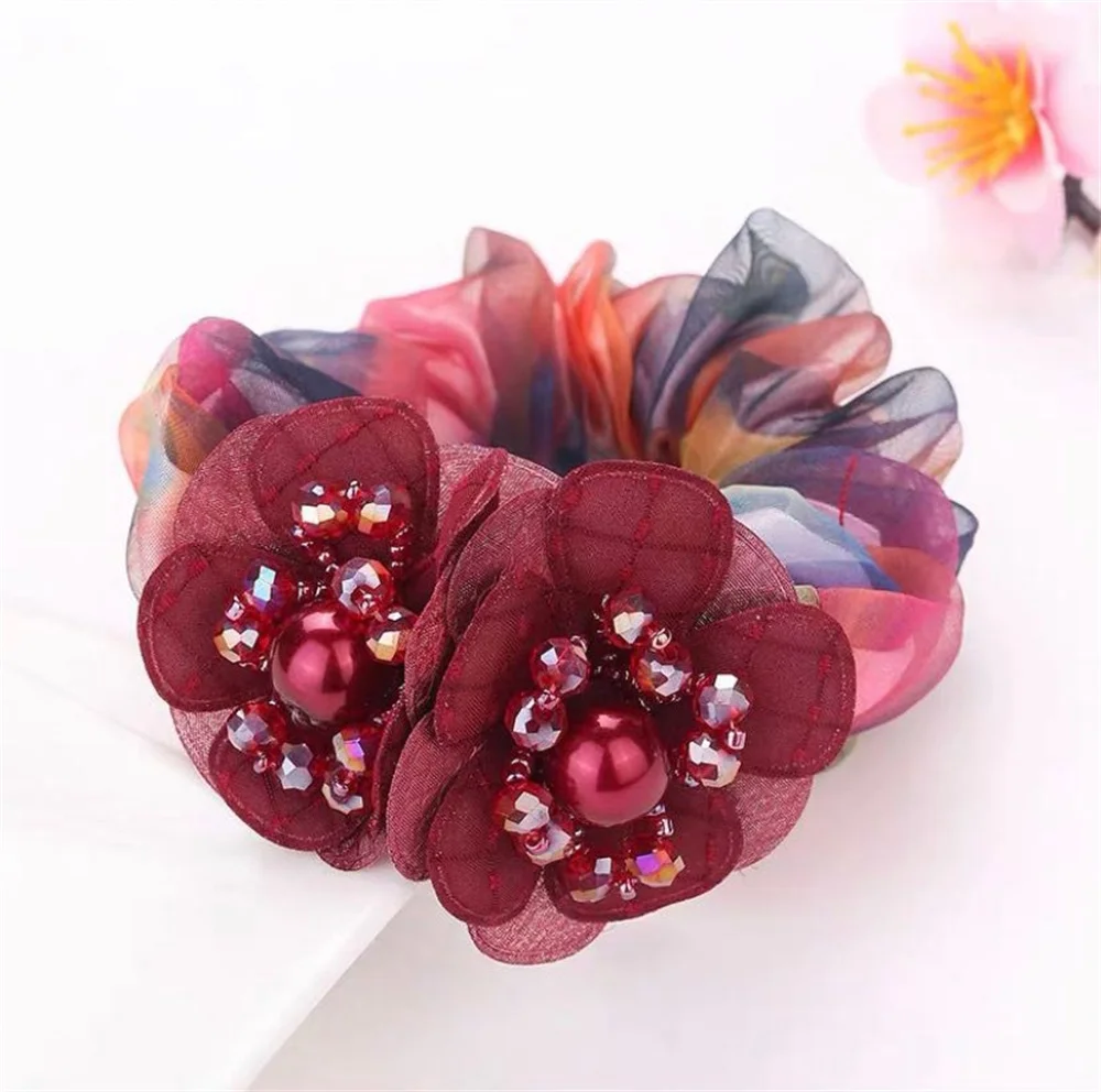 Hermosas cuerdas para el cabello para Gril Bling Pearl Flower Scrunchie, corbatas para el cabello de Organza transparentes, soporte elástico para