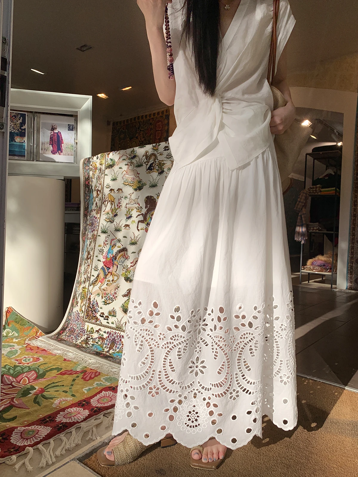 

Aboutpoem Casual Cotton Embroidered Hollow out A-Line Skirt Loose Fit f-length Women's Summer White Ele Draped Long Skirt