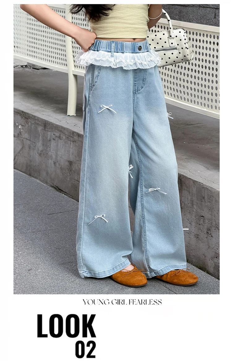 Neue Süße Schleifenjeans mit Spitze für Teenager-Mädchen, Beliebte Hochgeschnittene Gerade Denim-Hosen, Kinder Casual Sommer-Jeans-Hosen – Detail 11