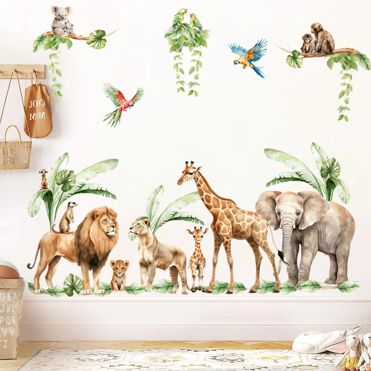 Large Jungle Safari  Animals Wall Stickers Palm Tree Forest Giraffe Tiger Elephant Wall Decals Bedroom Playroom Home Decor