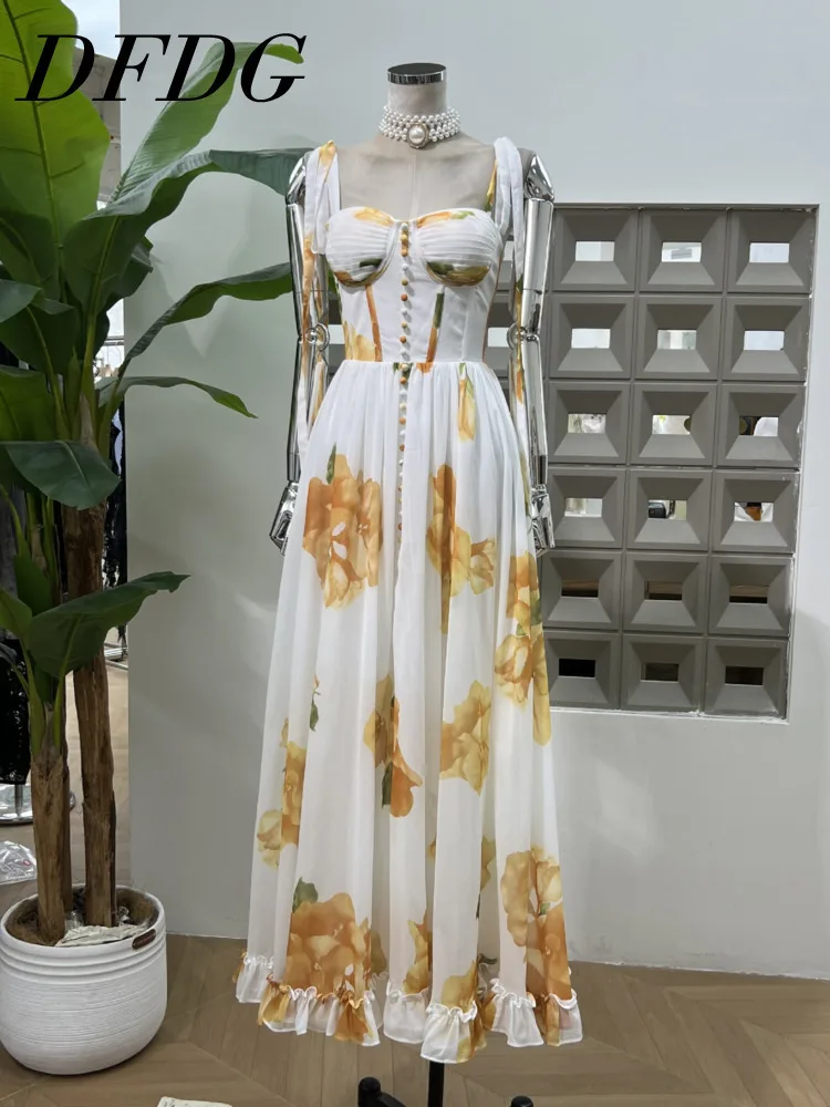 DFDG 2025 Damska Letnia Sukienka z Kwiatowym Nadrukiem, Rozkloszowana, z Wysokim Rozcięciem i Regulowanymi Ramiączkami, Styl Boho Chic, Sukienki Wieczorowe na Plażę