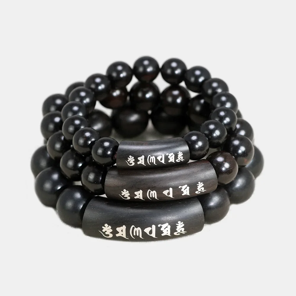 Tibetan Buddhist Ebony Prayer Beads Mala Buddha Bracelet 999 Sterling Silver Om Mani Padme Hum Carving Shurangama Mantra Jewelry