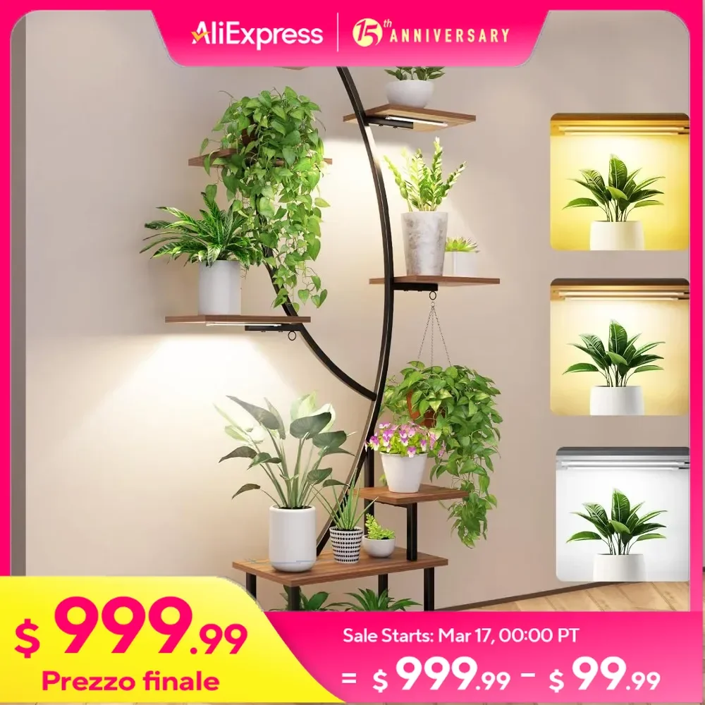 8 Tiered Indoor Plant Stand with Grow Lights, Cable Ties, Safe Strap, 3 Color Mode Full-spectrum LED, 65