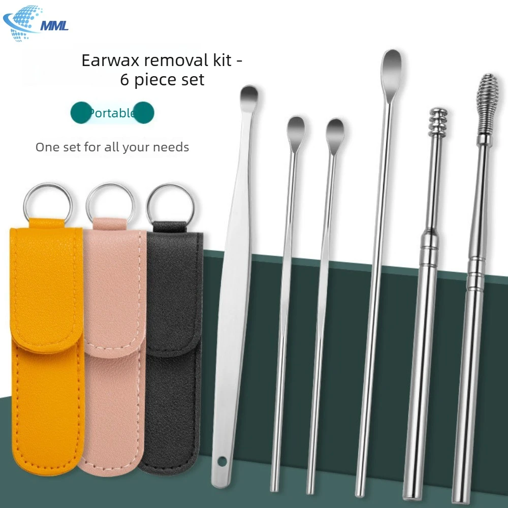 Portable ear scoop set 6-piece set, stainless steel ear scoop 360-degree spiral cleaning, ear scoop set