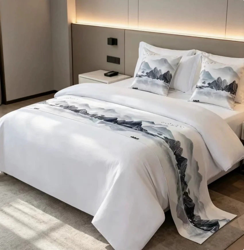 New Chinese Style Ink Wash Landscape Bed Runner, Light Luxury Bed End Scarf Decor Strip for Hotel & B&B, Bed Tail Mat