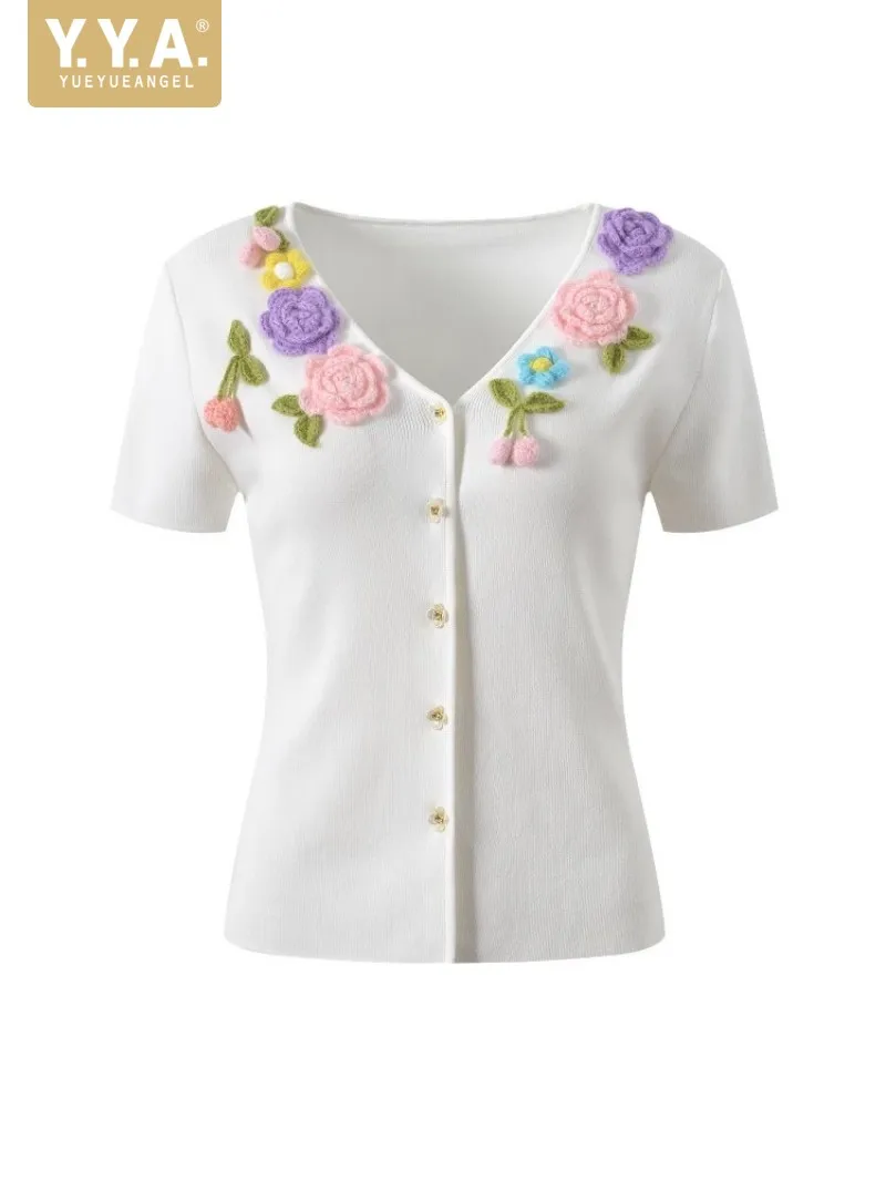 

Sweet Ladies Summer Floral Crochet Knitted Tops V Neck Short Sleeve Single Breasted Slim Fit Shirt Comfortable Knitwear Shirts