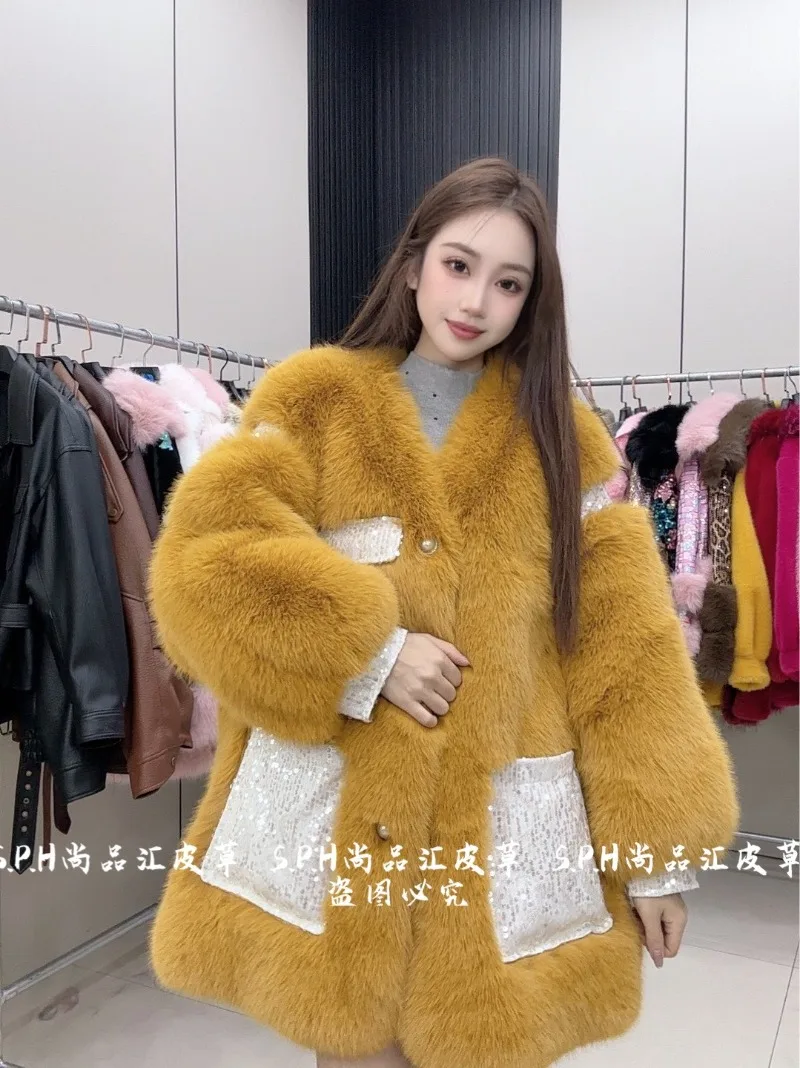 Winter Autumn Style Personality Two-Way Wear Faux Fur Jacket New Women's Thick Warm Coats Heavy Industry Sequin Fur Coat Outwear