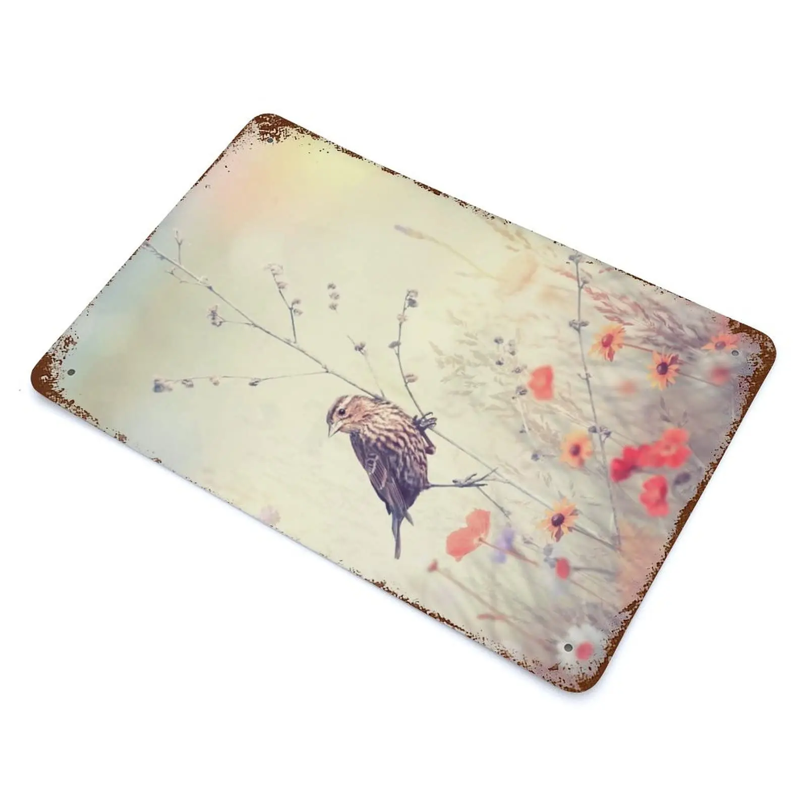 Habilboi Retro Vintage Metal Plaque Sign Field with Wild Flowers and A Bird in The Sunlight Vintage Metal Tin Signs for Men Wome