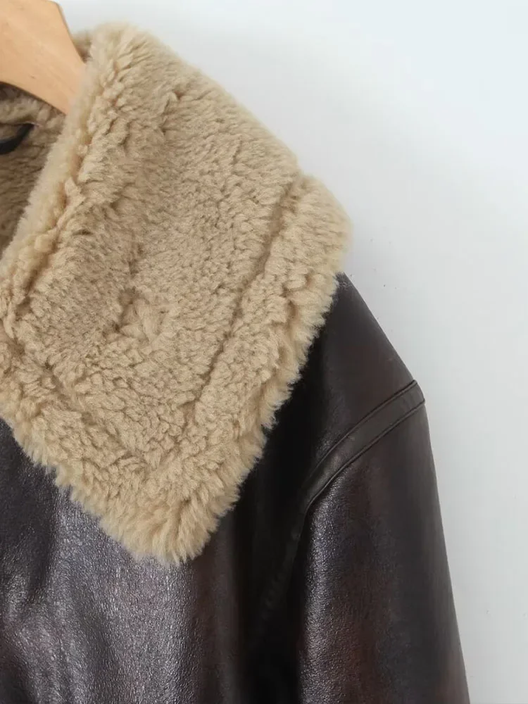 LIBIELIY 솔리드 컬러 느슨한 두꺼운 따뜻한 옷깃 모조 양가죽 겨울 새로운 긴팔 오토바이 자켓 여성 가죽 자켓