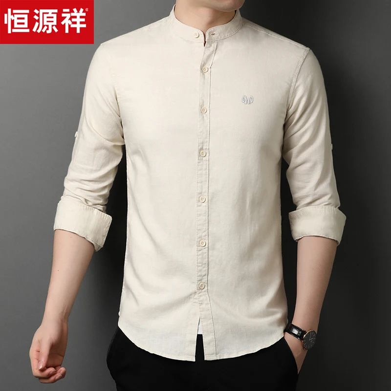 Camicia casual da uomo con colletto alla coreana, 2021, nuova marca, comoda camicia a maniche lunghe in lino