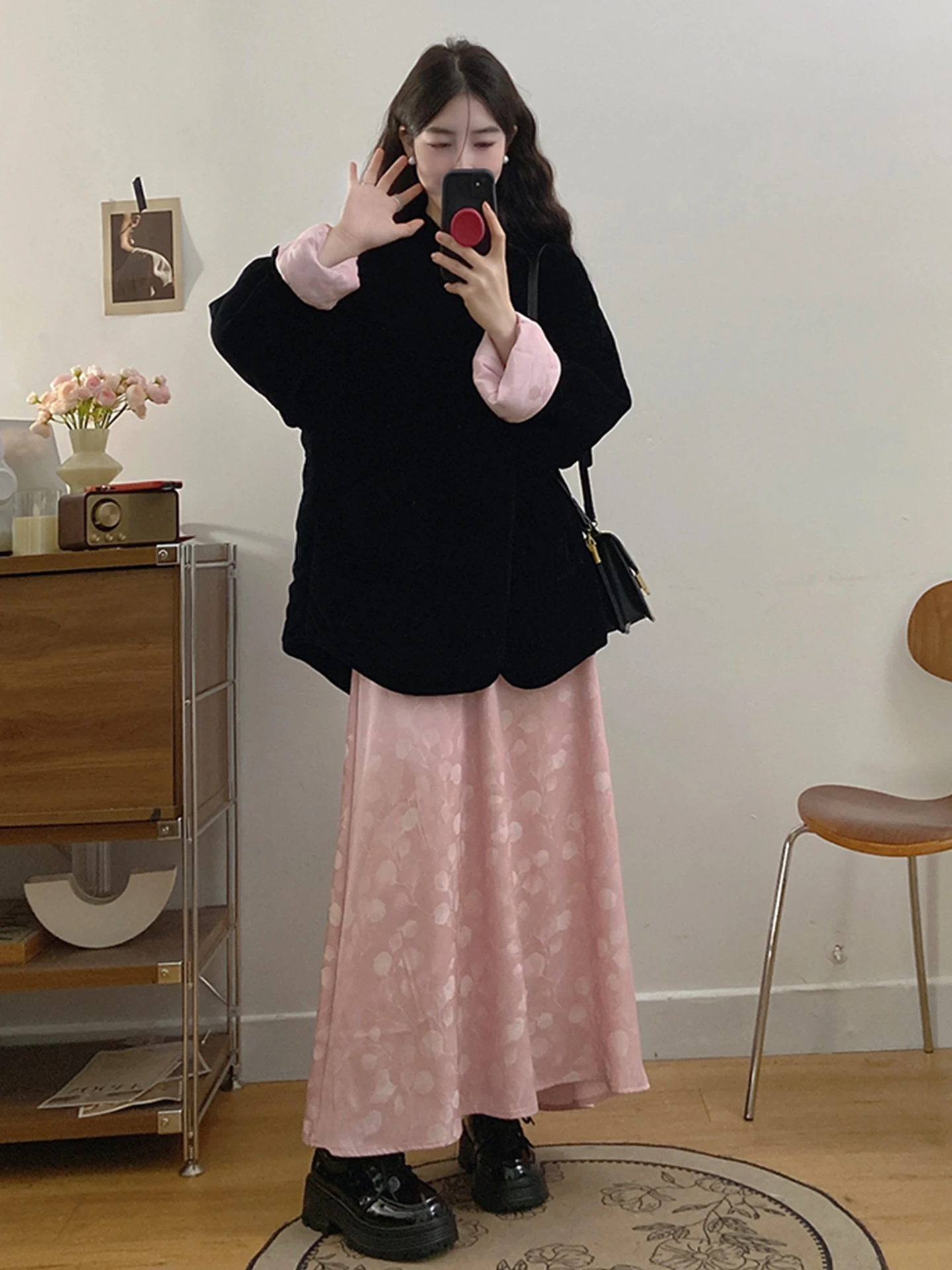 

Velvet Jacket And Skirt Set plus Size New Chinese Style Autumn Winter Fashion Two Piece Suit High Waist Simple round Neck But...