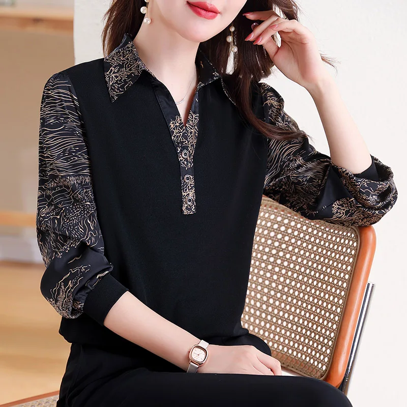 

Women Fake Two Pieces Shirts Knitted Lace Sleeve Vintage Elegant Spliced Blouse Office Lady Fashion Printed Turn-down Collar Top