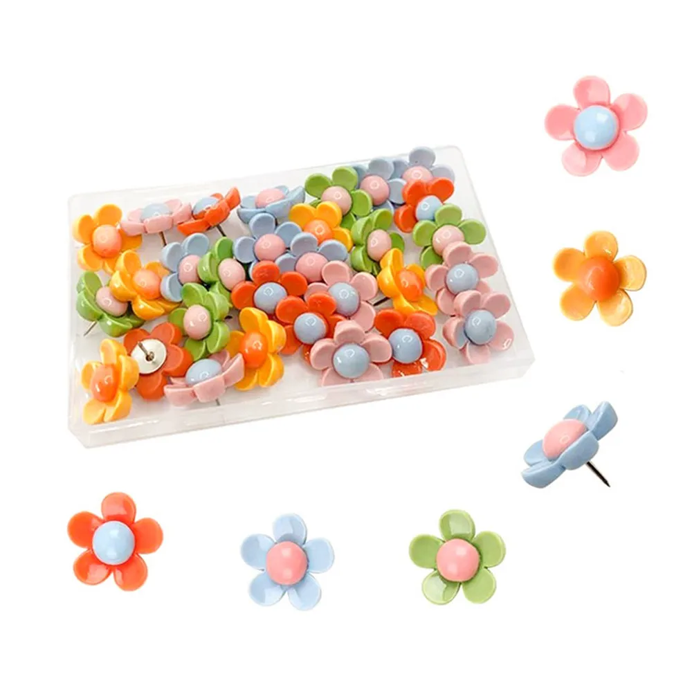 30pcs Colorful Fresh Resin Flower Pushpins Photo Wall Decoration Pushpins Free Punch Office Photo Map Drawing Tacks