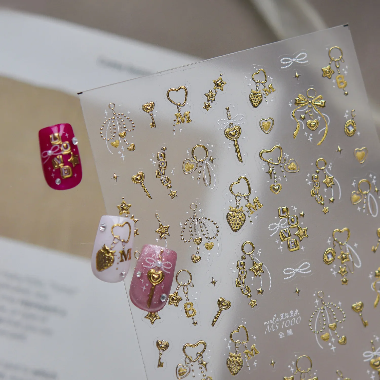 Hot Silver Gold Stamping Bowknot Metal Ribbon Heart Cross Gun 5D Nail Stickers Pearl Chain Bow Decal Nail Manicure Decor Decals