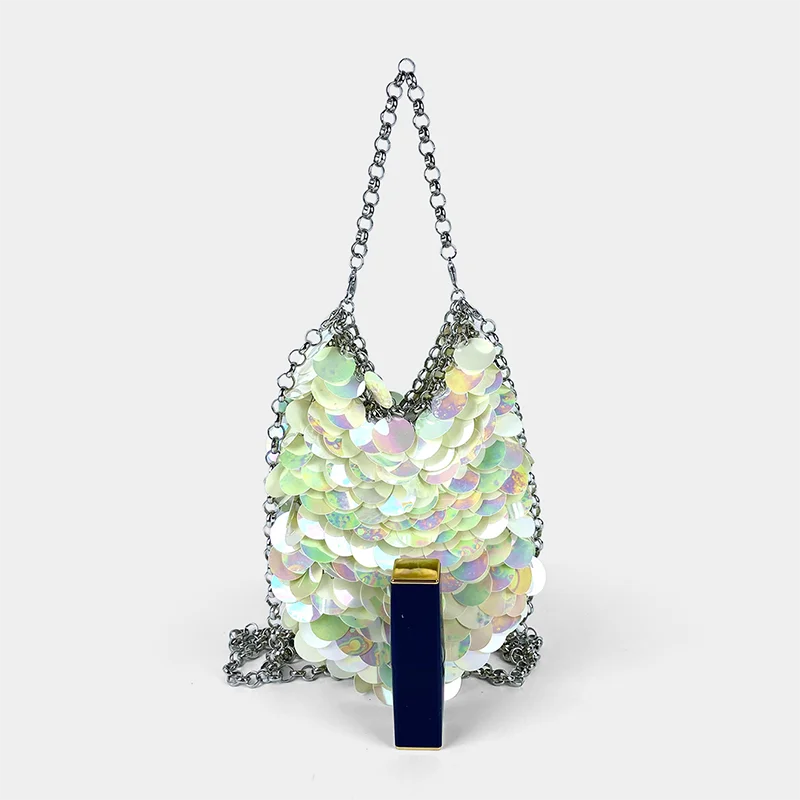 Bolso de lentejuelas de escamas de pescado coloridas para mujer, bolso de banquete tejido a mano, bolso de teléfono móvil, bolso cruzado brillante,