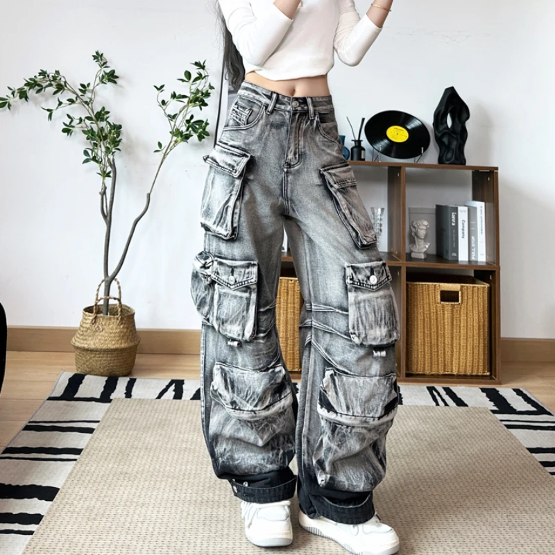 Techwear Vibe Style Women's Jeans Autumn Clothing Big Pocket Personality Punk Hip Hop Pants Wide Leg Trousers Pants