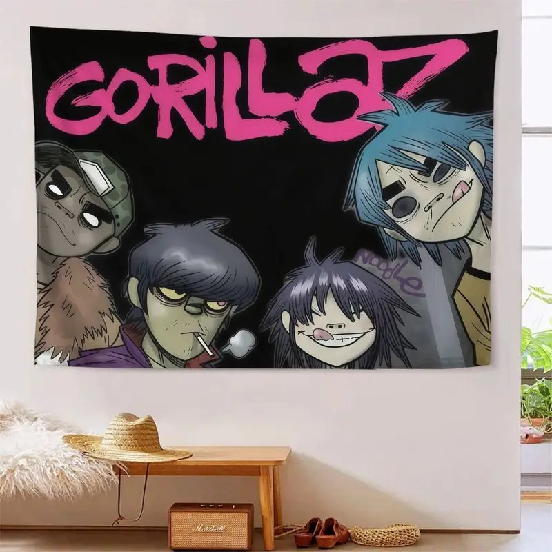 VIKAMA Funny Street Virtual Band Cartoon Characters Black Background Tapestry Wall Hanging Home Decor for Bedroom Living Room