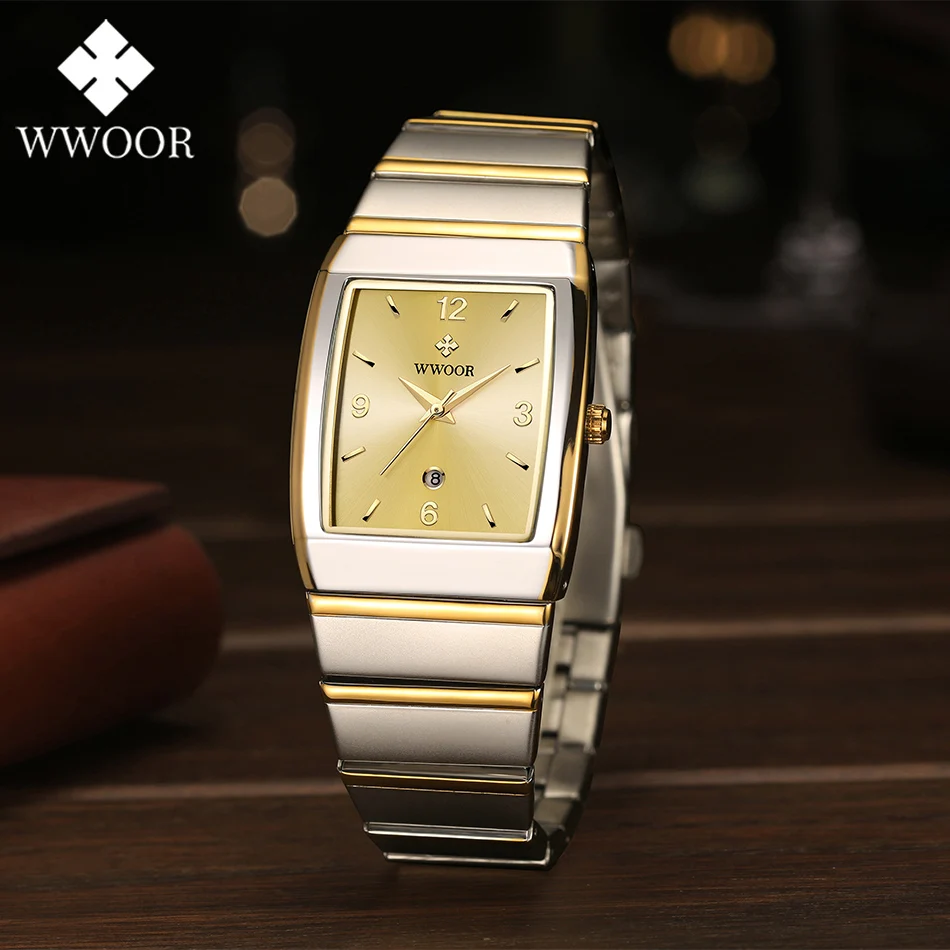 WWOOR Men's Watches Luxury Men Square Watches For Men Fashion Business Waterproof Stainless Steel Mens Quartz Wristwatches Clock