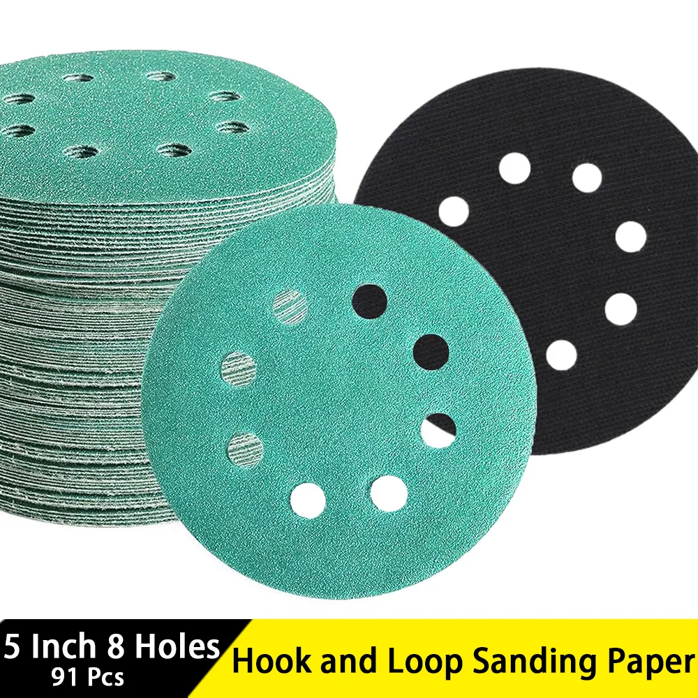 5 Inch 8 Hole Green Hook and Loop Sandpaper 91 Pcs with Buffing Pad Assorted 80-1500 Grits for Polishing and Sanding Wood Metal