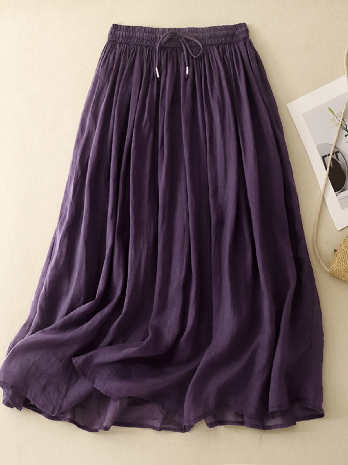 Falda Midi de corte en A de Color puro con cintura elástica, falda de media longitud de seda de morera de alta gama, estilo a...