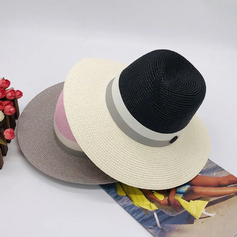 2022 High-end High-quality Ladies Wide-brimmed Jazz Hat Straw Hat Pink Gray Stitching Sunscreen Casual Sunshade Straw Hat