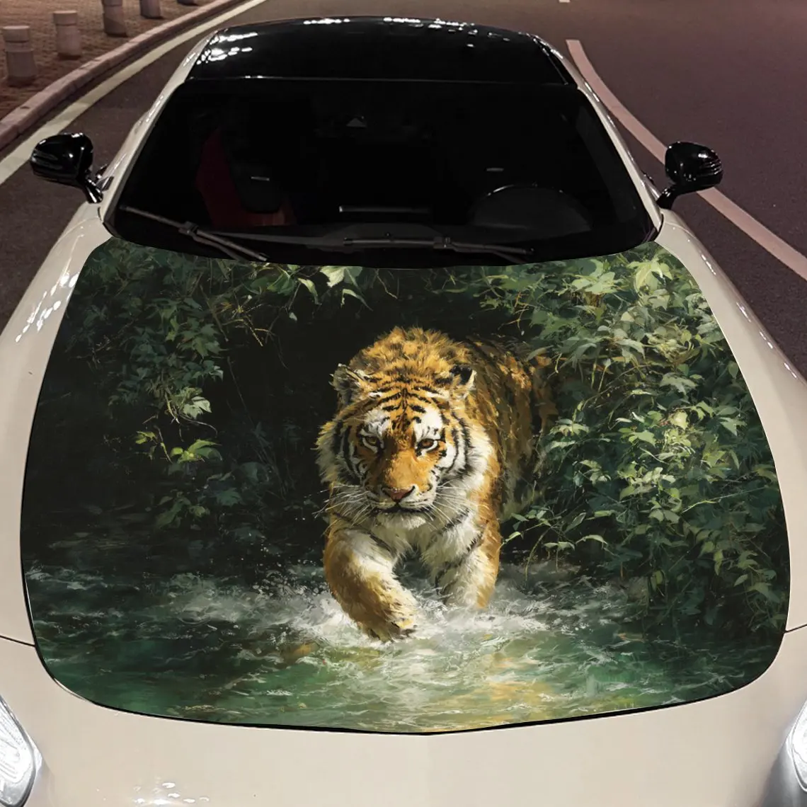 Car Decals Dynamic Tiger in Rainforest Car Hood Sticker, Waterproof Self - Adhesive Vinyl Graphics Decals, Decorative Protective