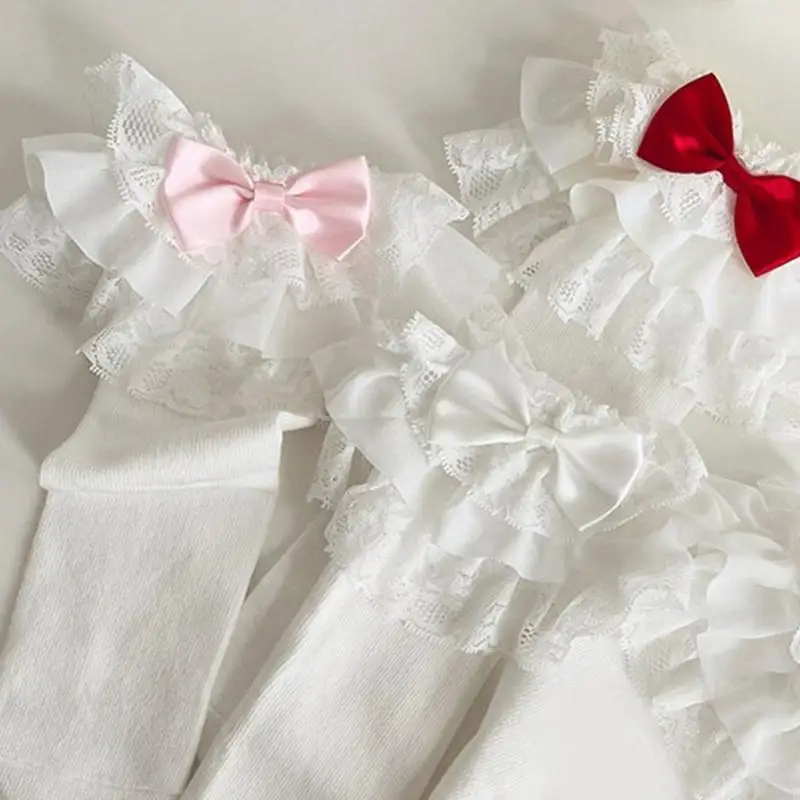 195E Calcetines hasta rodilla góticos para niñas, Vintage, encaje volantes multicapa, Color caramelo, lazo