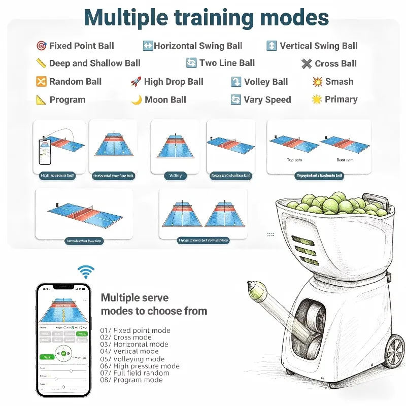 Padell Ball Machine ABS Tennis Launcher, App/Remote Control 150 Ball Capacity, Multi-Socket Max C Tennis Training Ball Machine