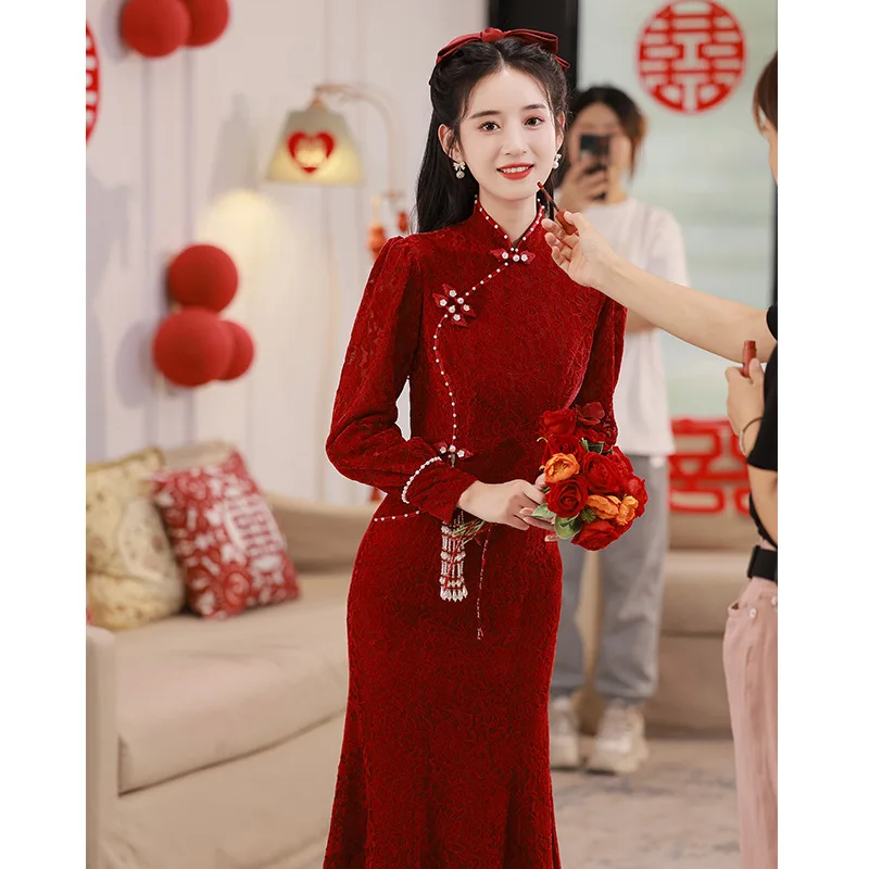 Gaun lengan panjang wanita, pakaian Panggang Cheongsam tradisional Burgundy pernikahan pertunangan China rok renda