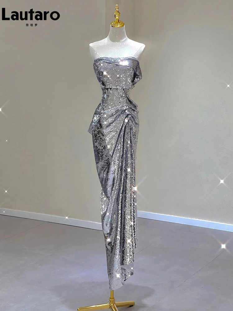 Lautaro Spring Long Elegant Evening Party Wedding Silver Strapless Tube Dresses for Women Sequins Luxury Designer Clothes 2024