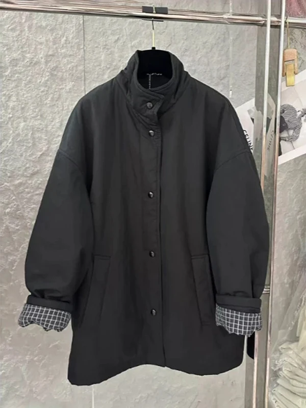 

Повседневная женская куртка оверсайз из хлопка с клетчатыми вставками, осенне-зимняя новинка, свободный крой, воротник-стойка, на одной пуговице